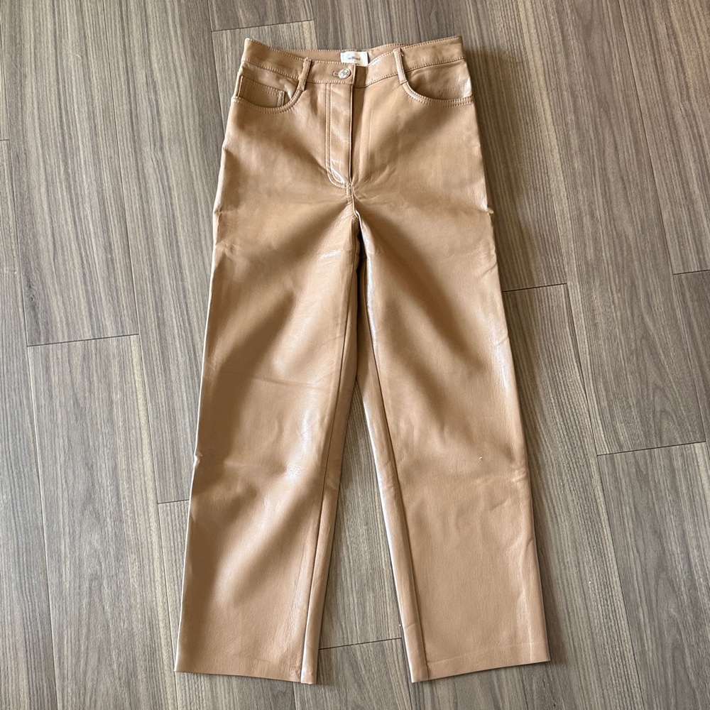 Aritzia Wilfred Melina Faux Leather Pants Tan High Rise Straight Leg Size 25